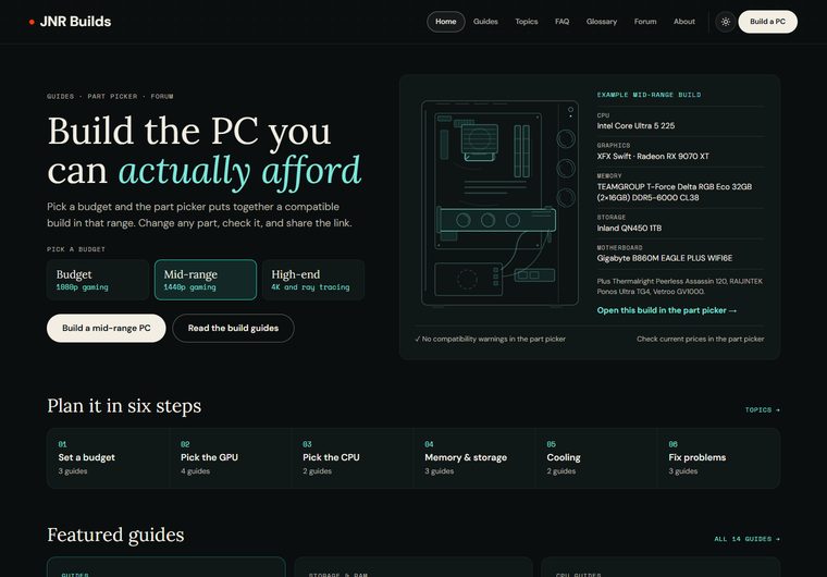 The JNR Builds homepage