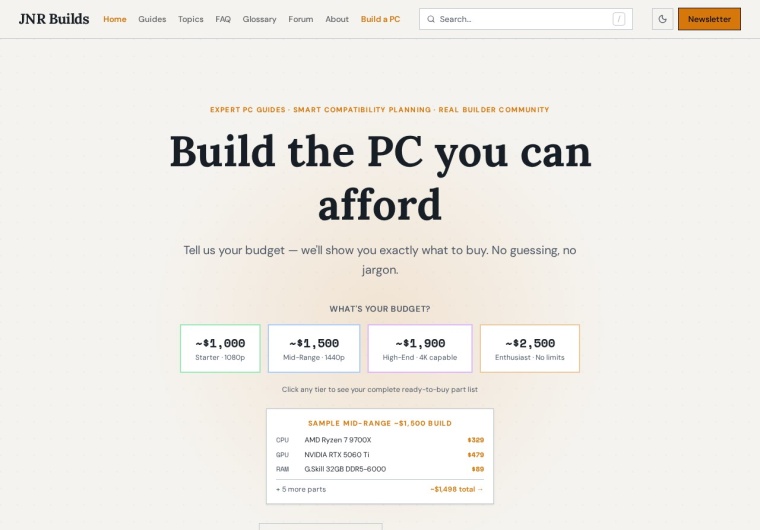 The JNR Builds homepage